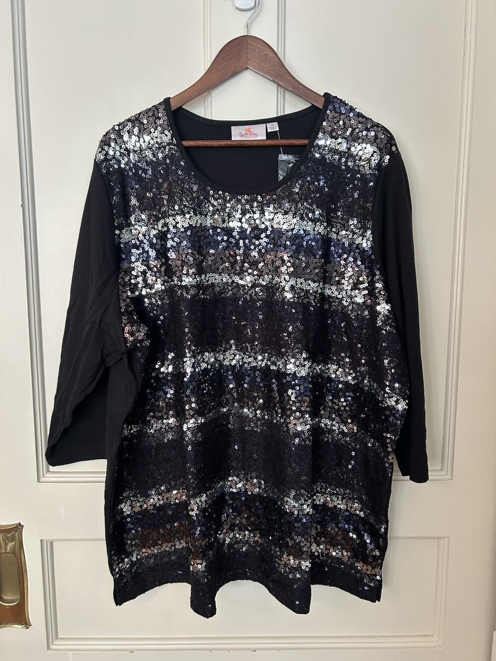 Quacker Factory Sequin Lace Blouse Womens Size 3X Black Flashy Fun NWOT